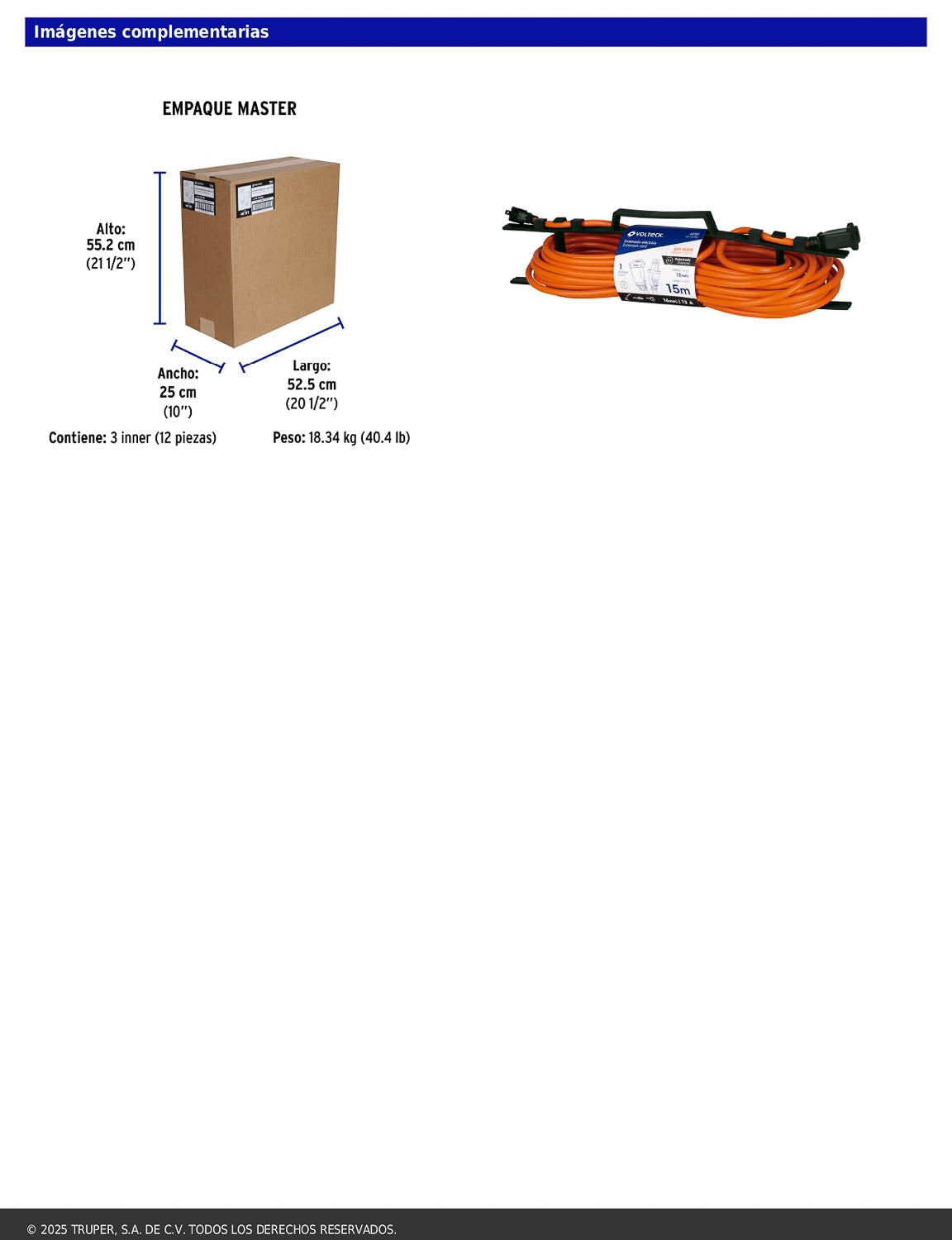 Extensión eléctrica de uso rudo de 15 m con calibre 2x16 AWG para una clavija