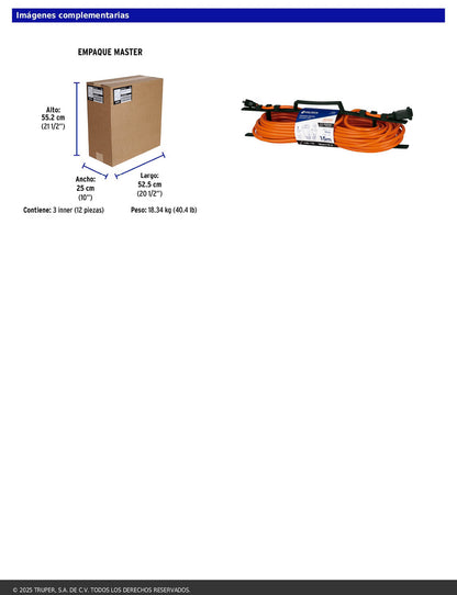 Extensión eléctrica de uso rudo de 15 m con calibre 2x16 AWG para una clavija