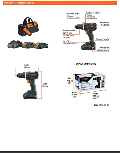 Rotomartillo inalámbrico de 1/2 in con batería 20 V y dos velocidades