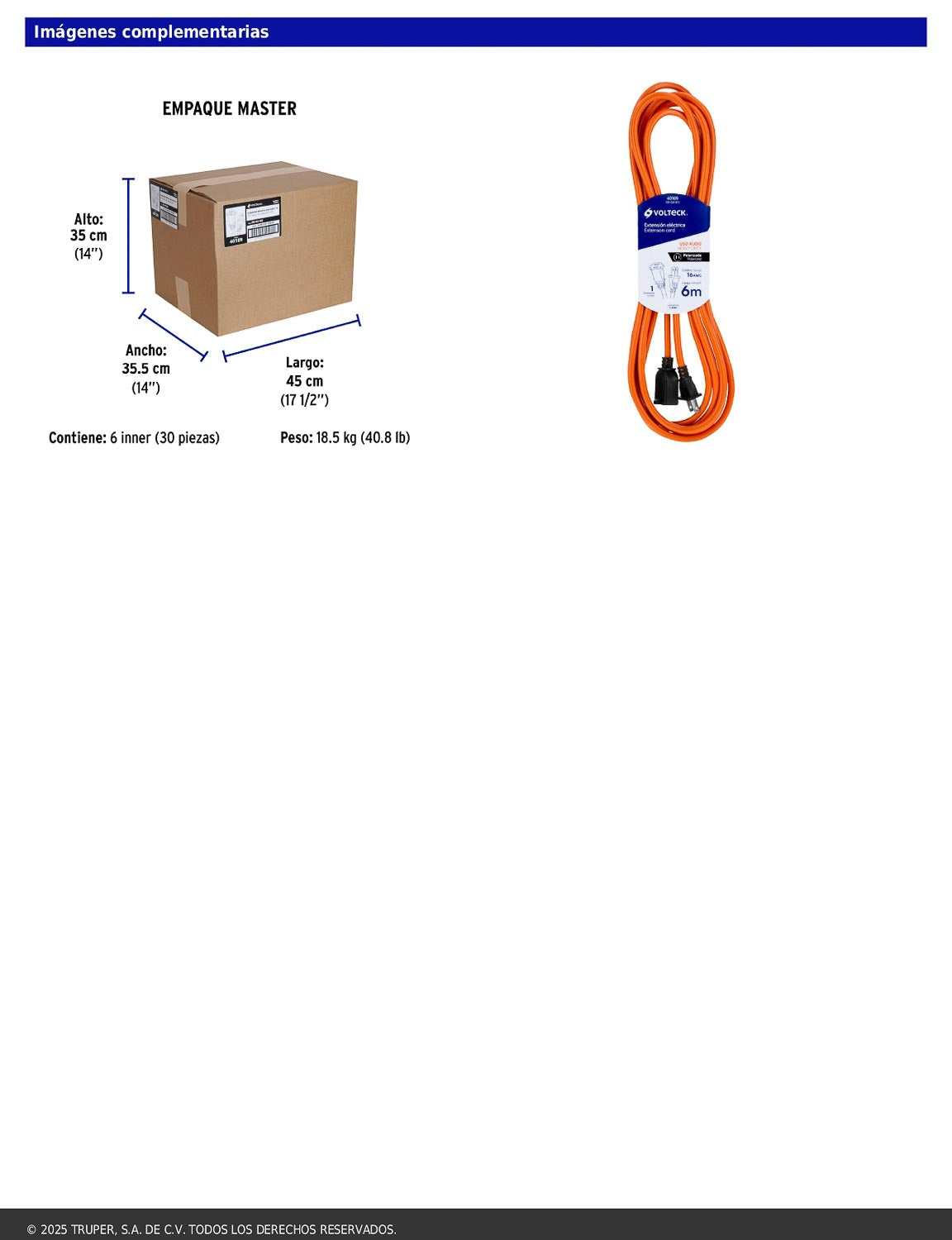 Extensión eléctrica de uso rudo de 6 m con calibre 2x16 AWG para una clavija
