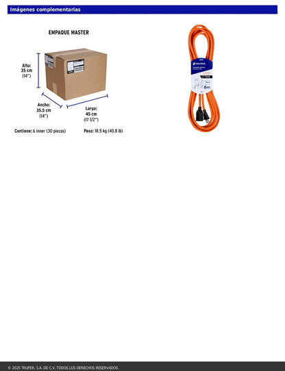 Extensión eléctrica de uso rudo de 6 m con calibre 2x16 AWG para una clavija