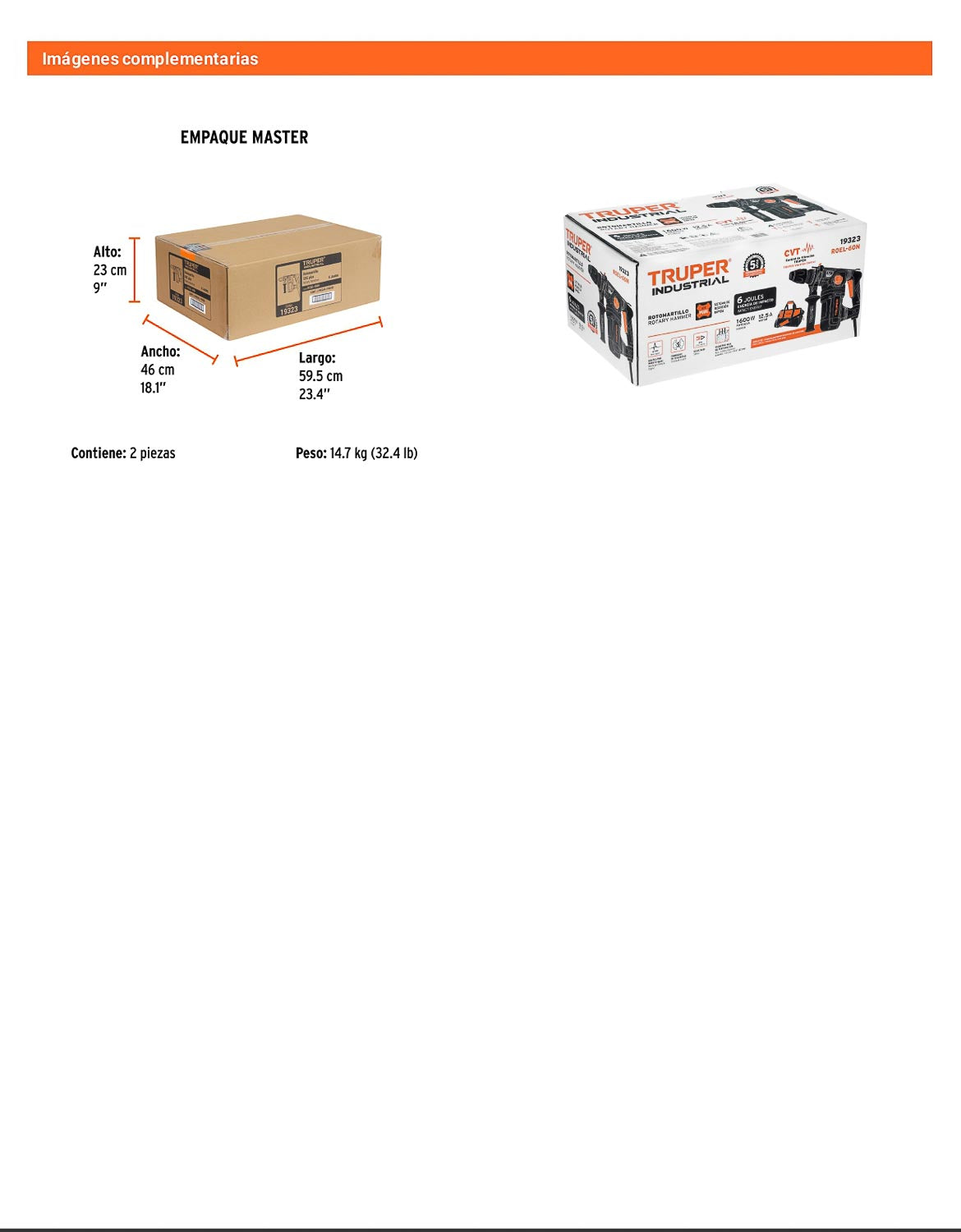Rotomartillo SDS Plus de 1600 W y 6 J con 4 funciones para trabajo industrial