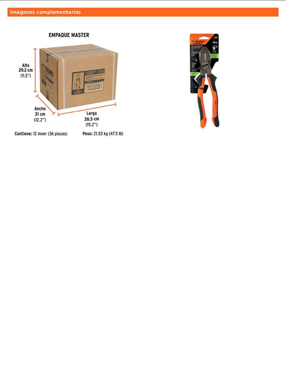 Pinza electricista 9" uso rudo de alta palanca con mango Comfort Grip