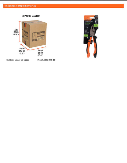 Pinza para electricista 6" alta palanca con mango Comfort Grip