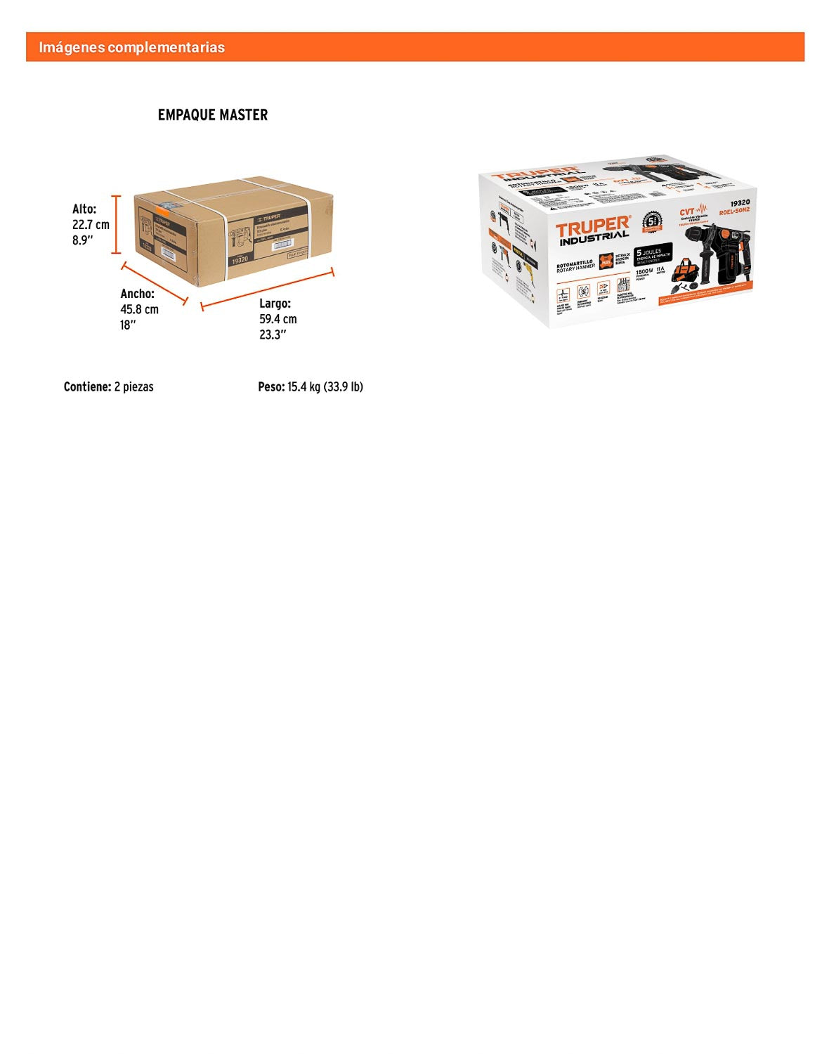 Rotomartillo SDS Plus de 1500 W y 5 J con 4 funciones para trabajo industrial
