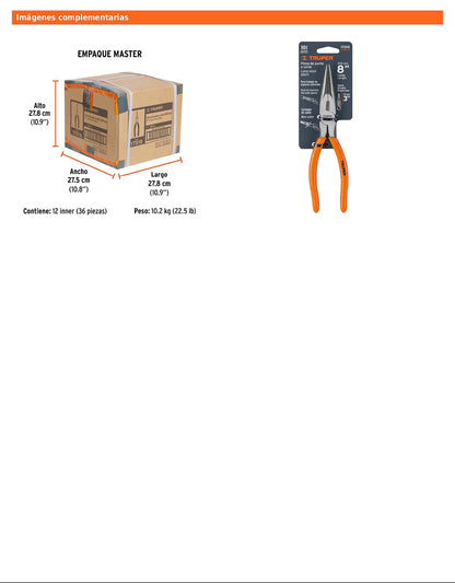Pinza de punta y corte de 20 cm con mango de PVC
