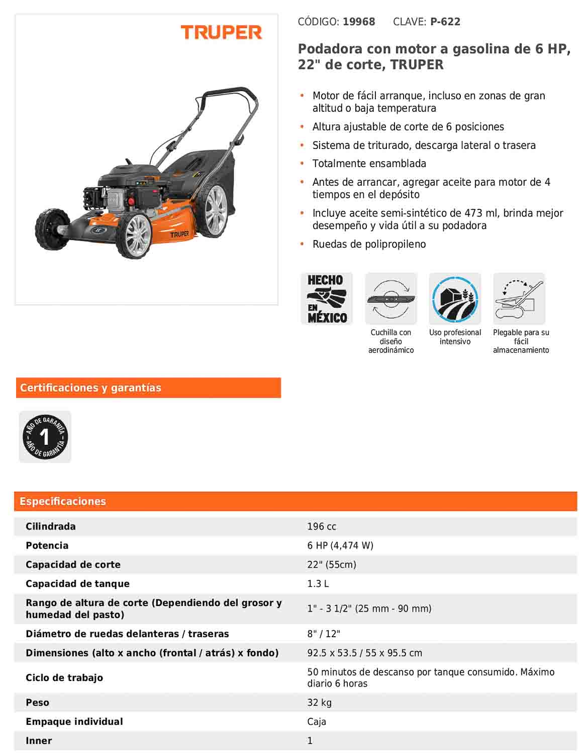Podadora a gasolina de 6 HP con corte de 22 pulgadas