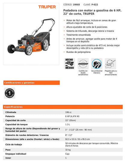 Podadora a gasolina de 6 HP con corte de 22 pulgadas