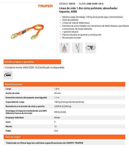 Línea de vida 1.8m cinta poliéster absorbedor