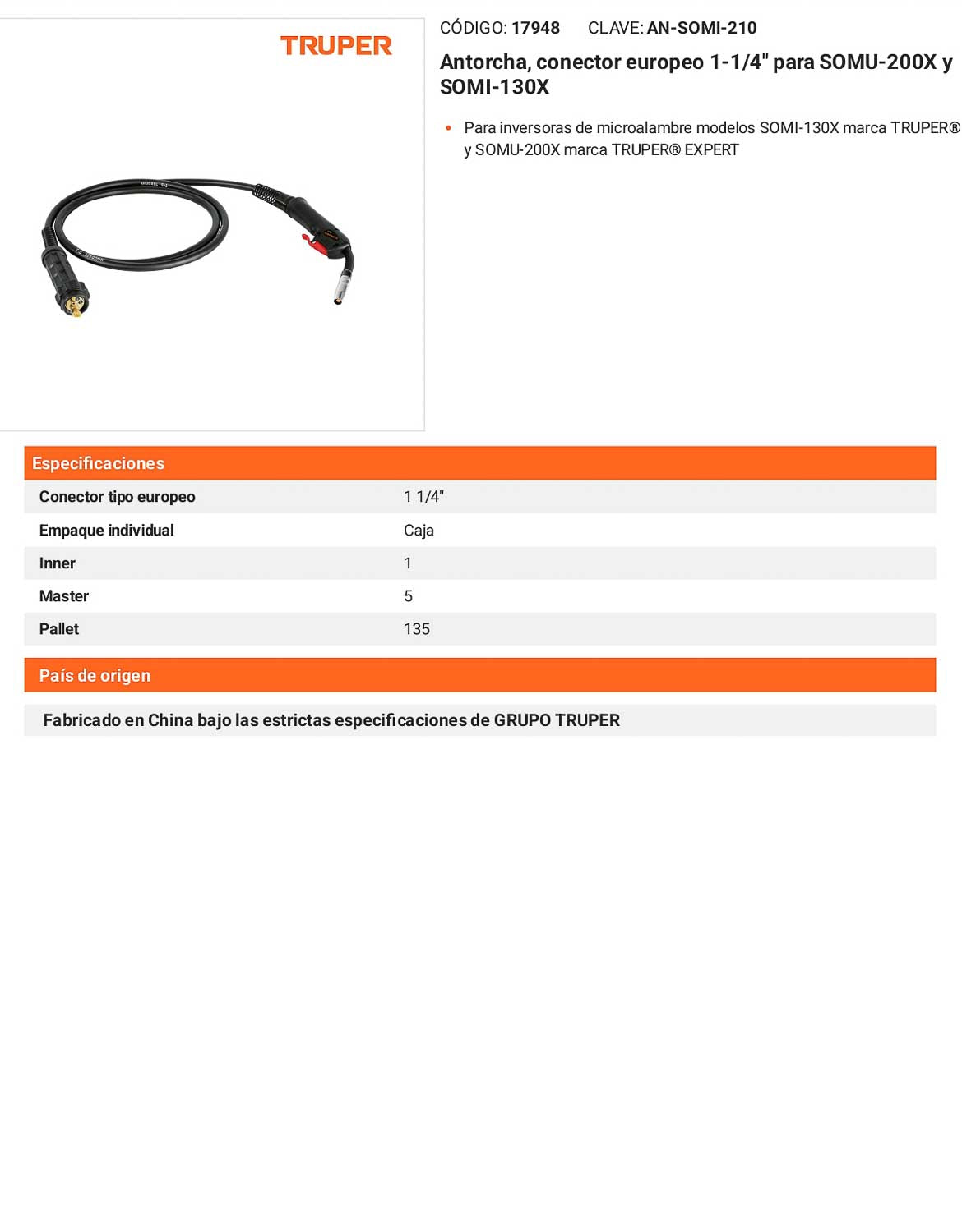 Antorcha conector europeo 1-1/4 para SOMU-200X