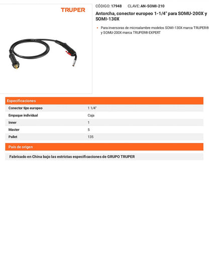 Antorcha conector europeo 1-1/4 para SOMU-200X