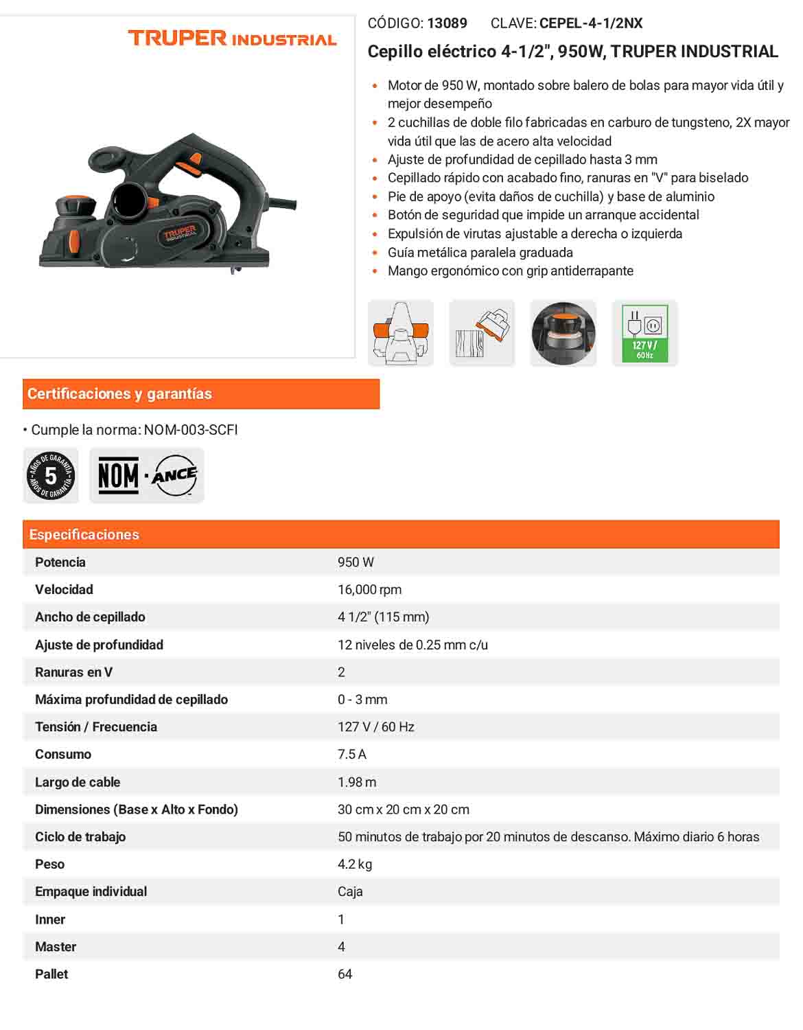 Cepillo eléctrico 4-1/2 950W INDUSTRIAL