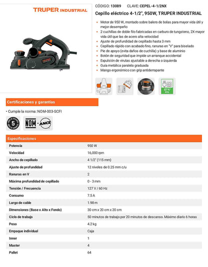 Cepillo eléctrico 4-1/2 950W INDUSTRIAL