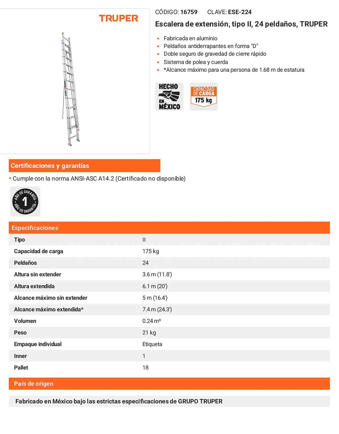 Escalera de extensión tipo II con 24 peldaños