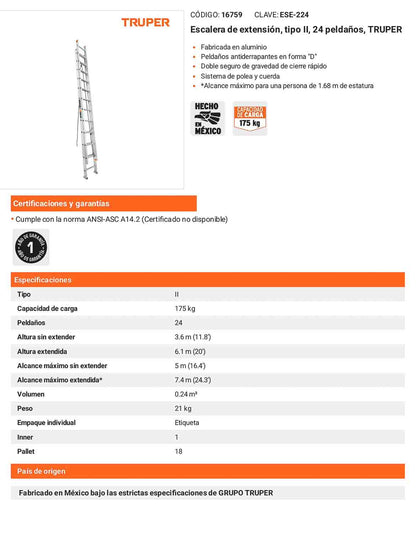 Escalera de extensión tipo II con 24 peldaños