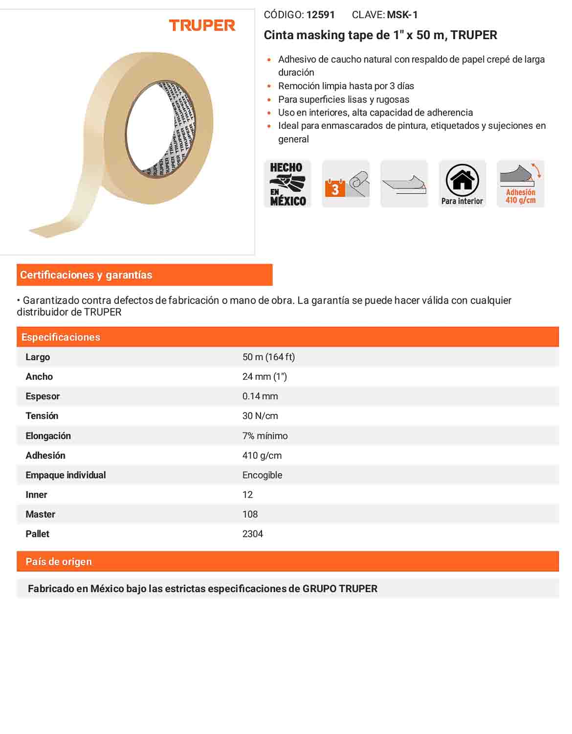 Cinta masking tape de 1 x 50