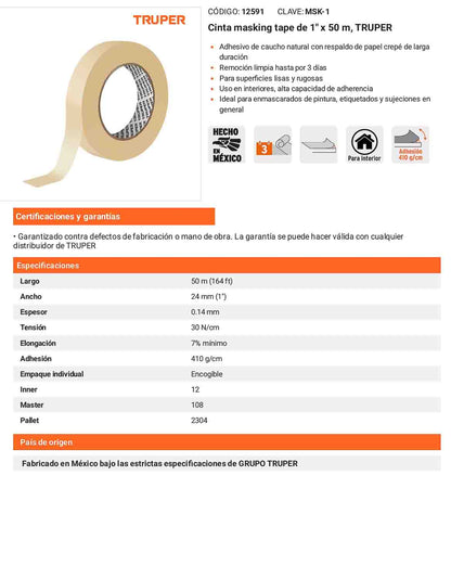 Cinta masking tape de 1 x 50