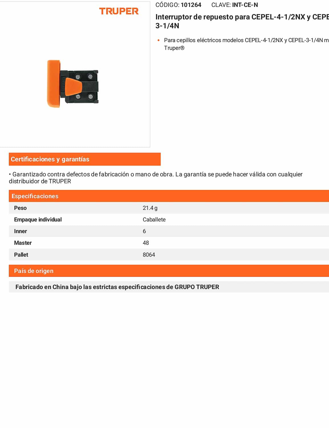 Interruptor de repuesto para CEPEL-4-1/2NX y CEPEL