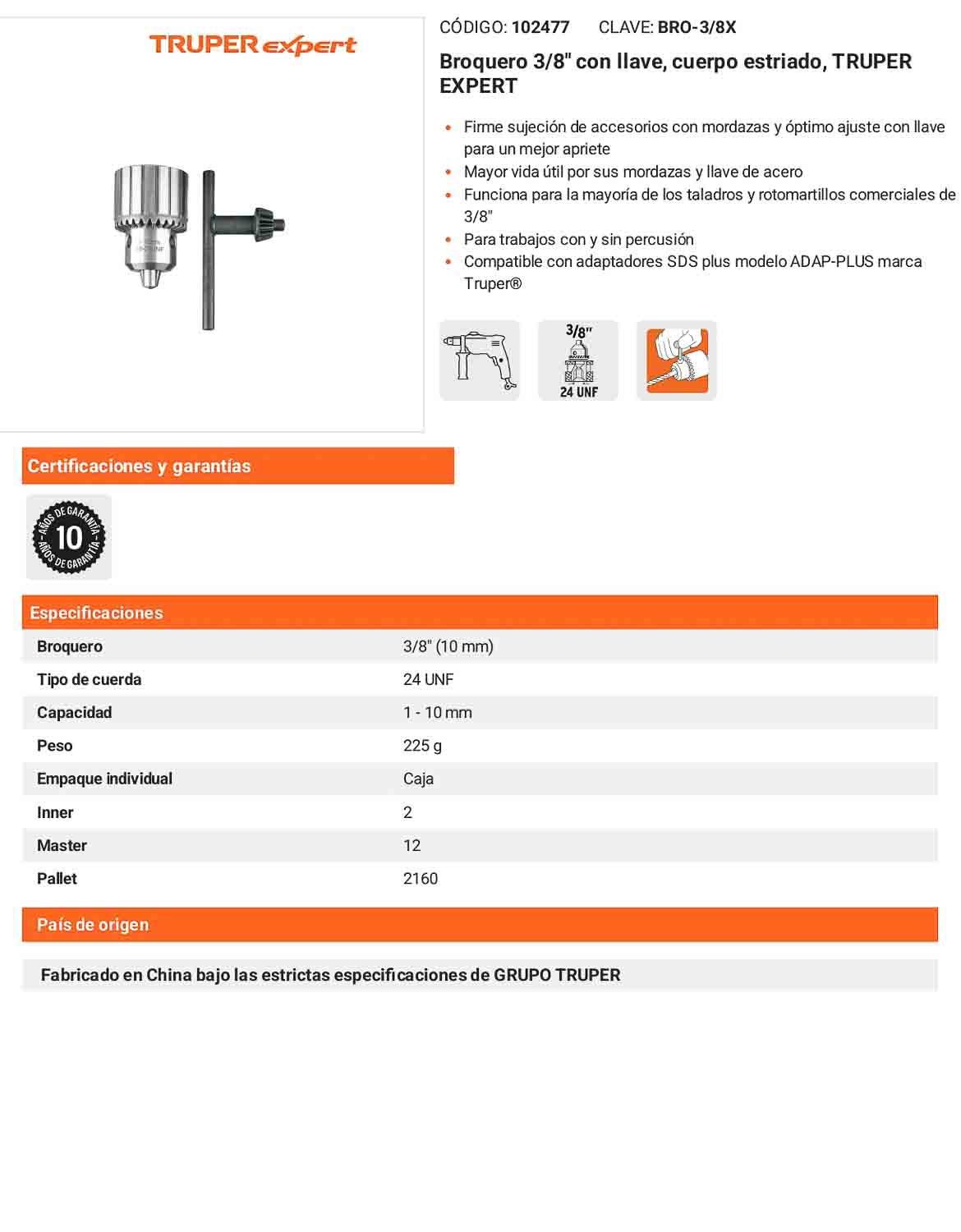 Broquero 3/8" con llave cuerpo estriado TRUPER EXPERT