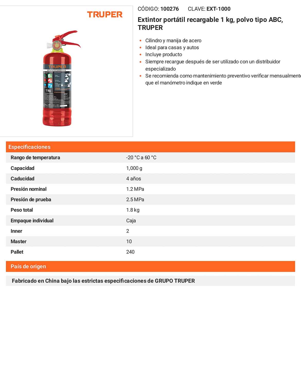 Extintor portátil recargable 1 kg polvo