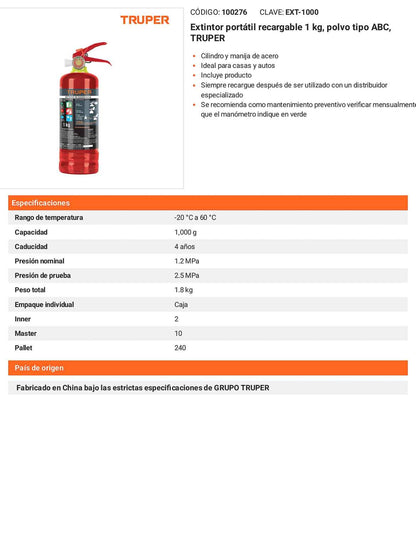 Extintor portátil recargable 1 kg polvo