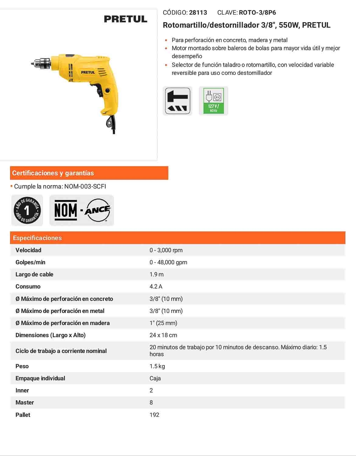 Rotomartillo/destornillador 3/8" 550 W PRETUL