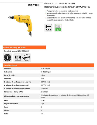 Rotomartillo/destornillador 3/8" 550 W PRETUL