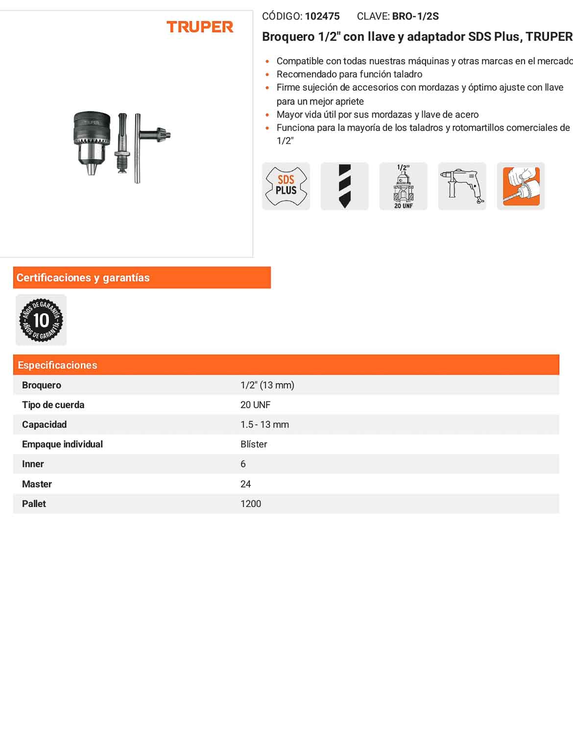Broquero 1/2" con llave y adaptador SDS Plus TRUPER