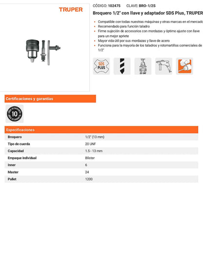 Broquero 1/2" con llave y adaptador SDS Plus TRUPER