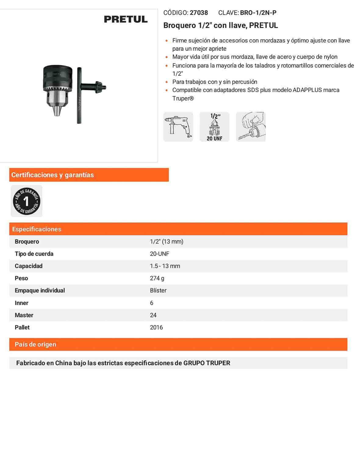 Broquero 1/2" con llave PRETUL