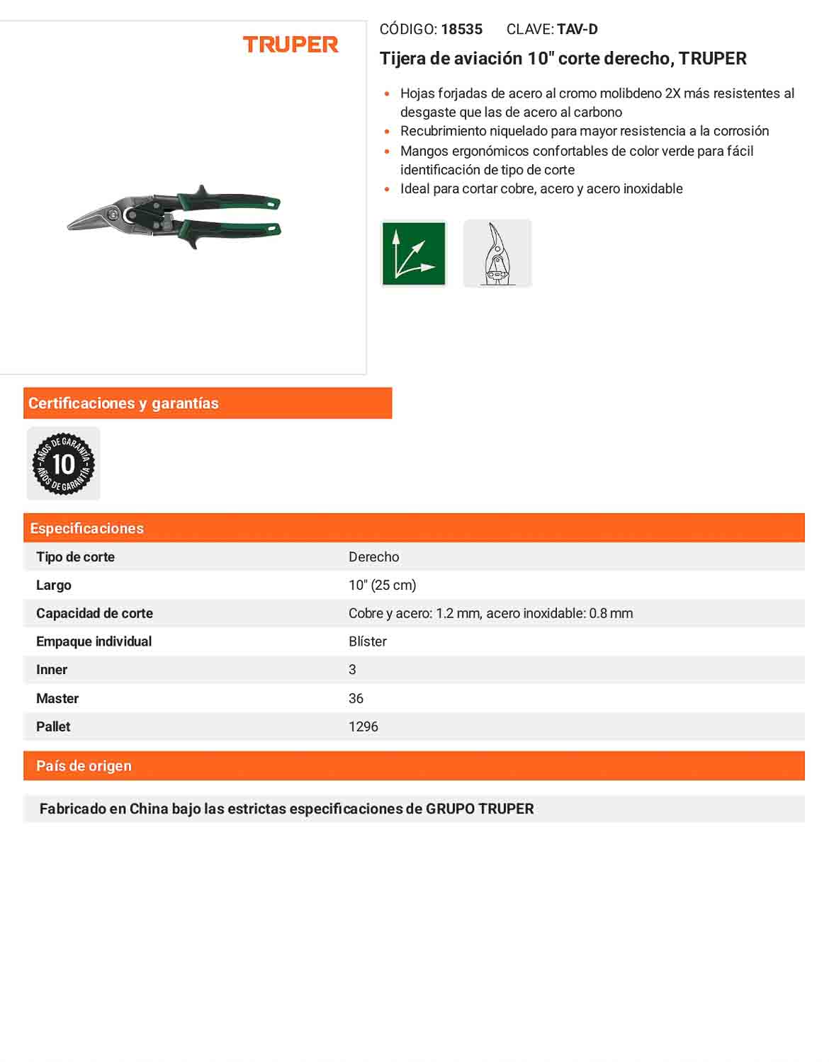 Tijera de aviación corte derecho 10