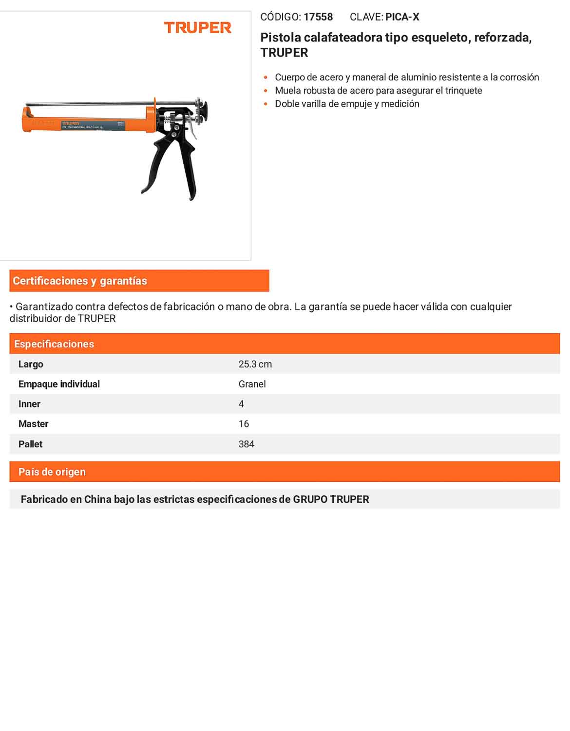 Pistola calafateadora tipo esqueleto reforzada