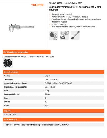 Calibrador vernier digital 6 acero inox std