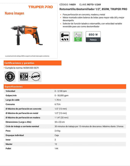 Rotomartillo/destornillador 1/2" 850 W TRUPER PRO