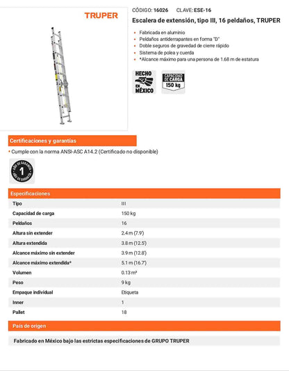 Escalera de extensión tipo III con 16 peldaños