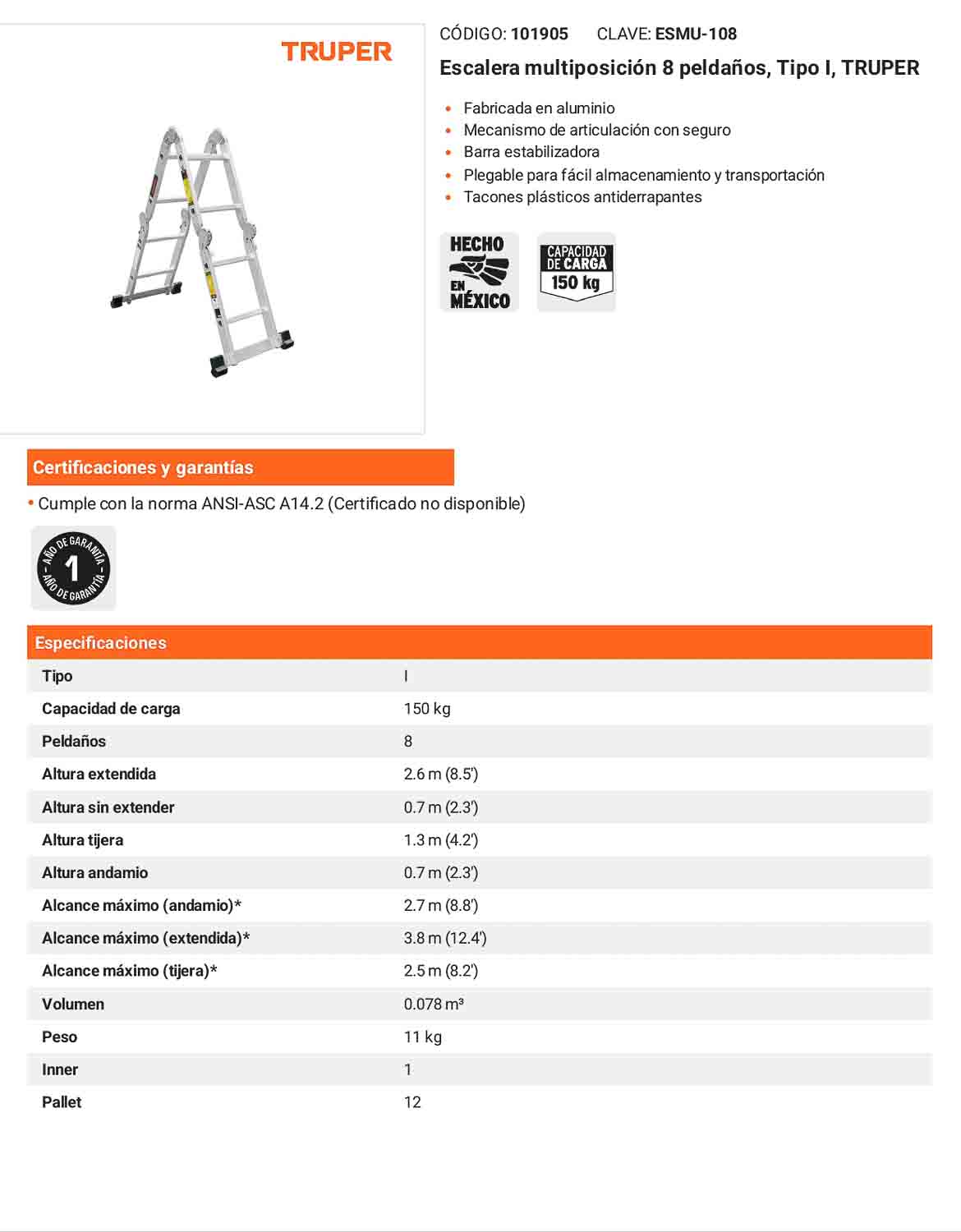 Escalera multiposición tipo I con 8 peldaños