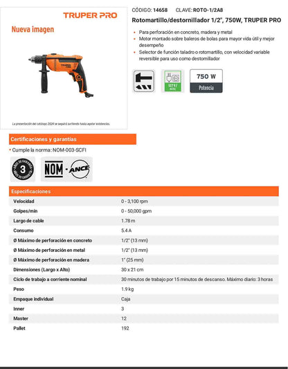 Rotomartillo/destornillador 1/2" 750 W TRUPER PRO