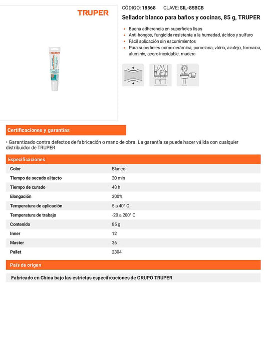 Sellador blanco para baños y cocinas 85