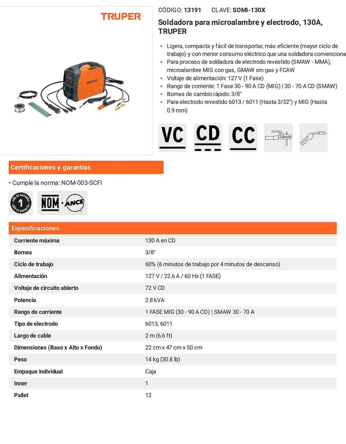 Soldadora para microalambre y electrodo 130A Ligera