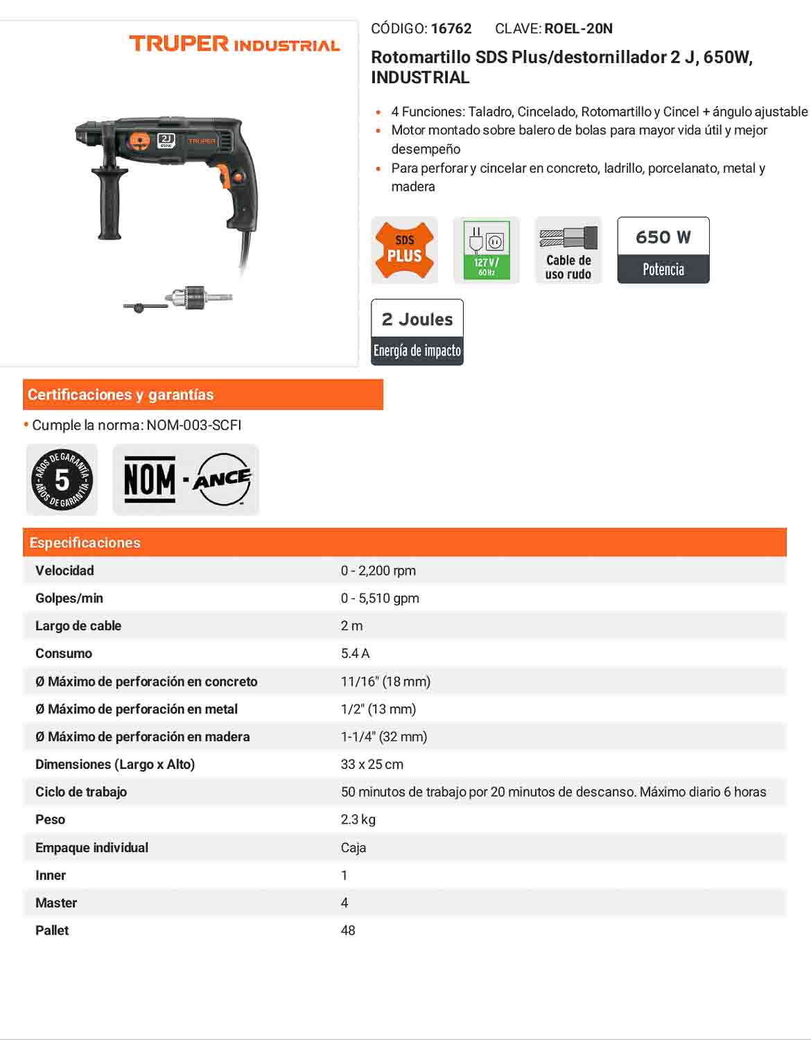 Rotomartillo SDS Plus/destornillador 2 J 650 W industrial