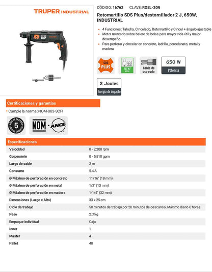 Rotomartillo SDS Plus/destornillador 2 J 650 W industrial