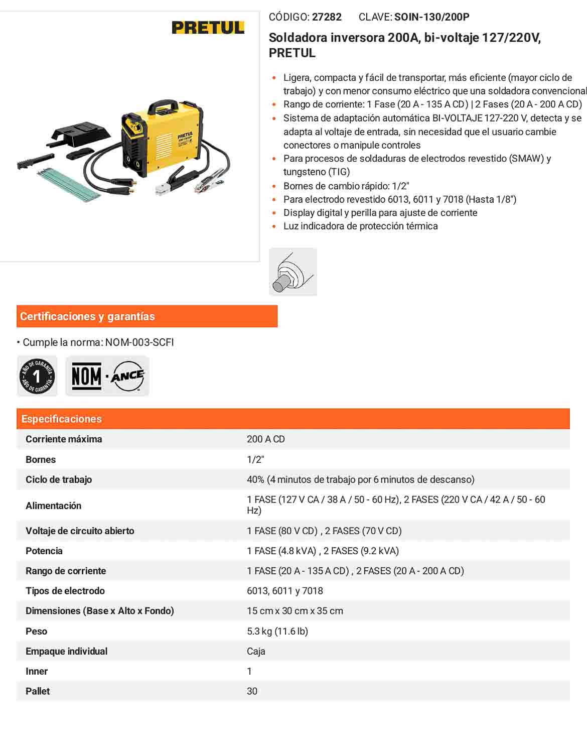Soldadora inversora 200A bi-voltaje 127/220V Ligera compacta