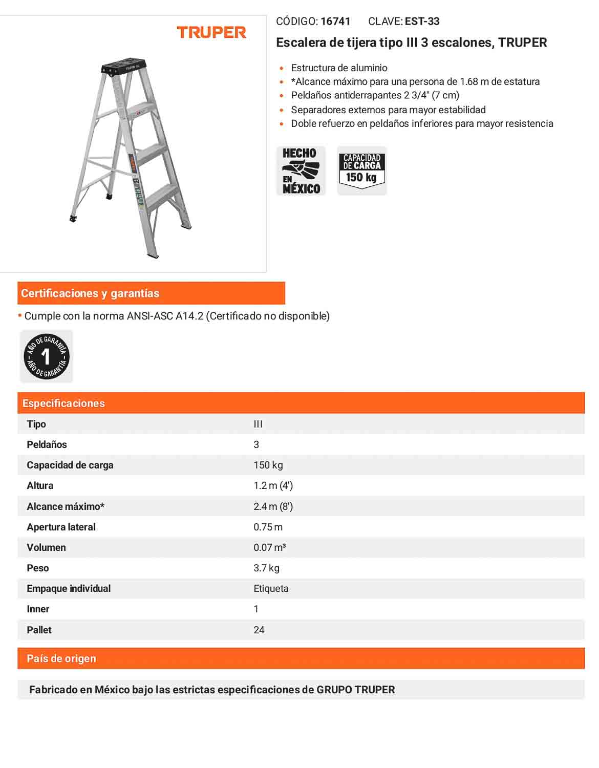 Escalera de tijera tipo III con 3 peldaños