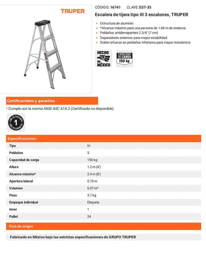 Escalera de tijera tipo III con 3 peldaños