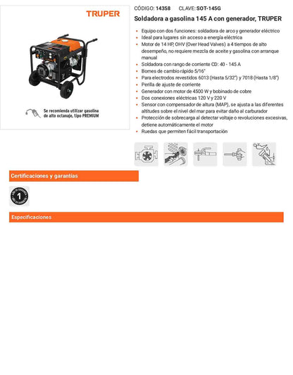Soldadora a gasolina 145 A con generador