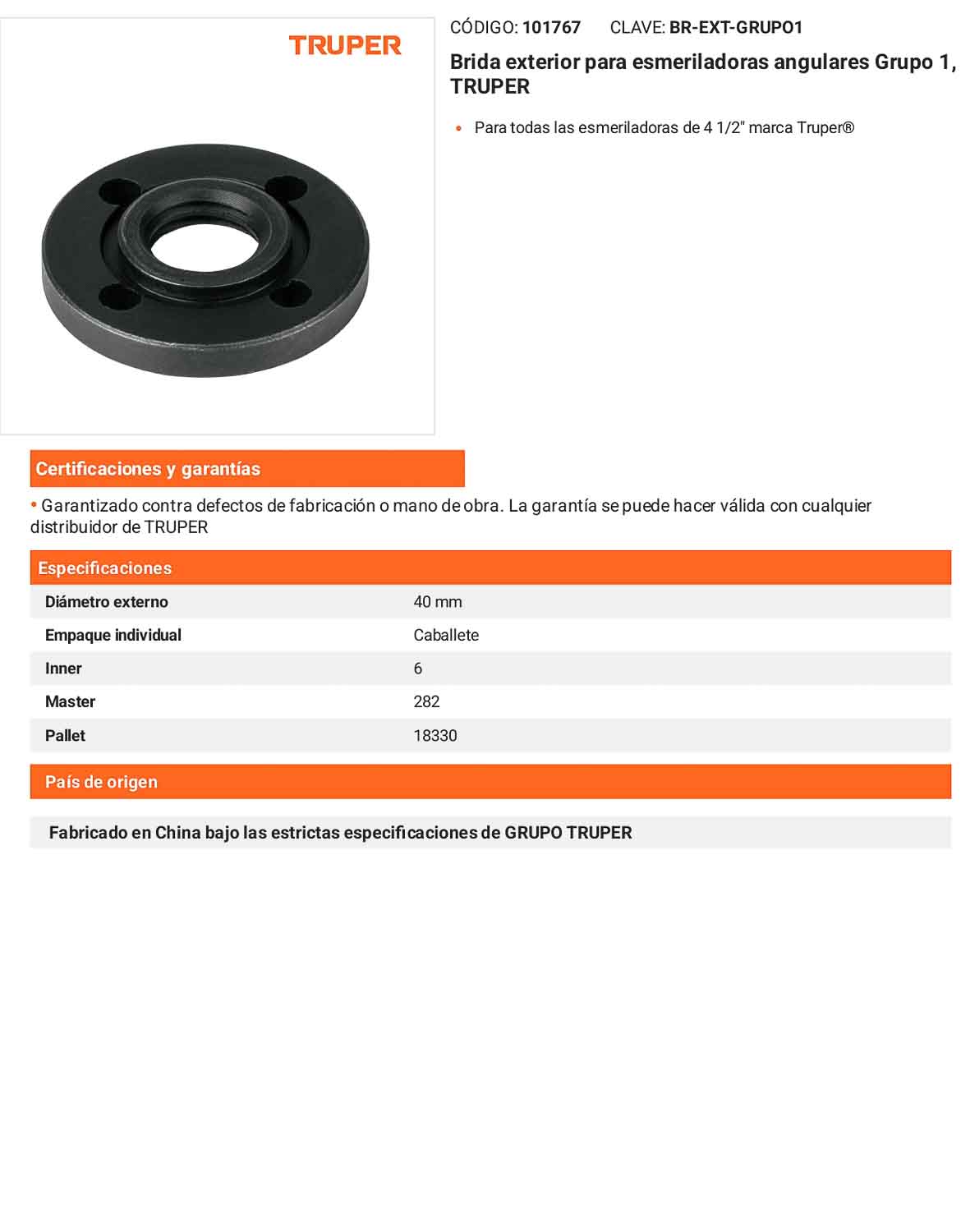 Brida exterior para esmeriladoras de 4 1/2 pulgadas compatible con Grupo 1