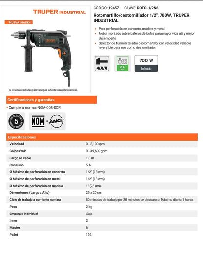 Rotomartillo/destornillador 1/2" 700 W industrial