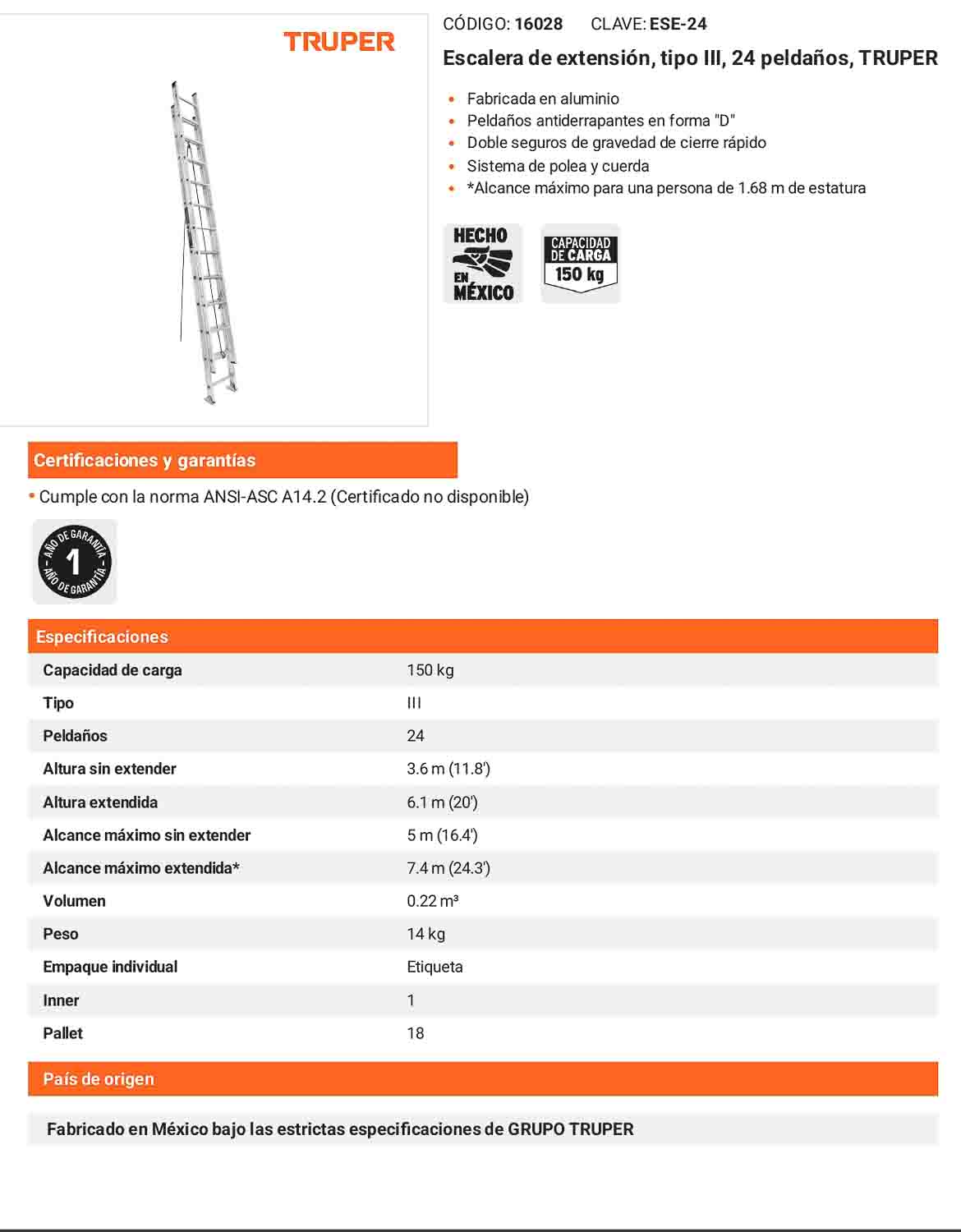 Escalera de extensión tipo III con 24 peldaños