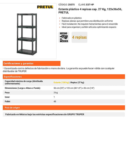 Estante plástico con 4 repisas capacidad 27 kg
