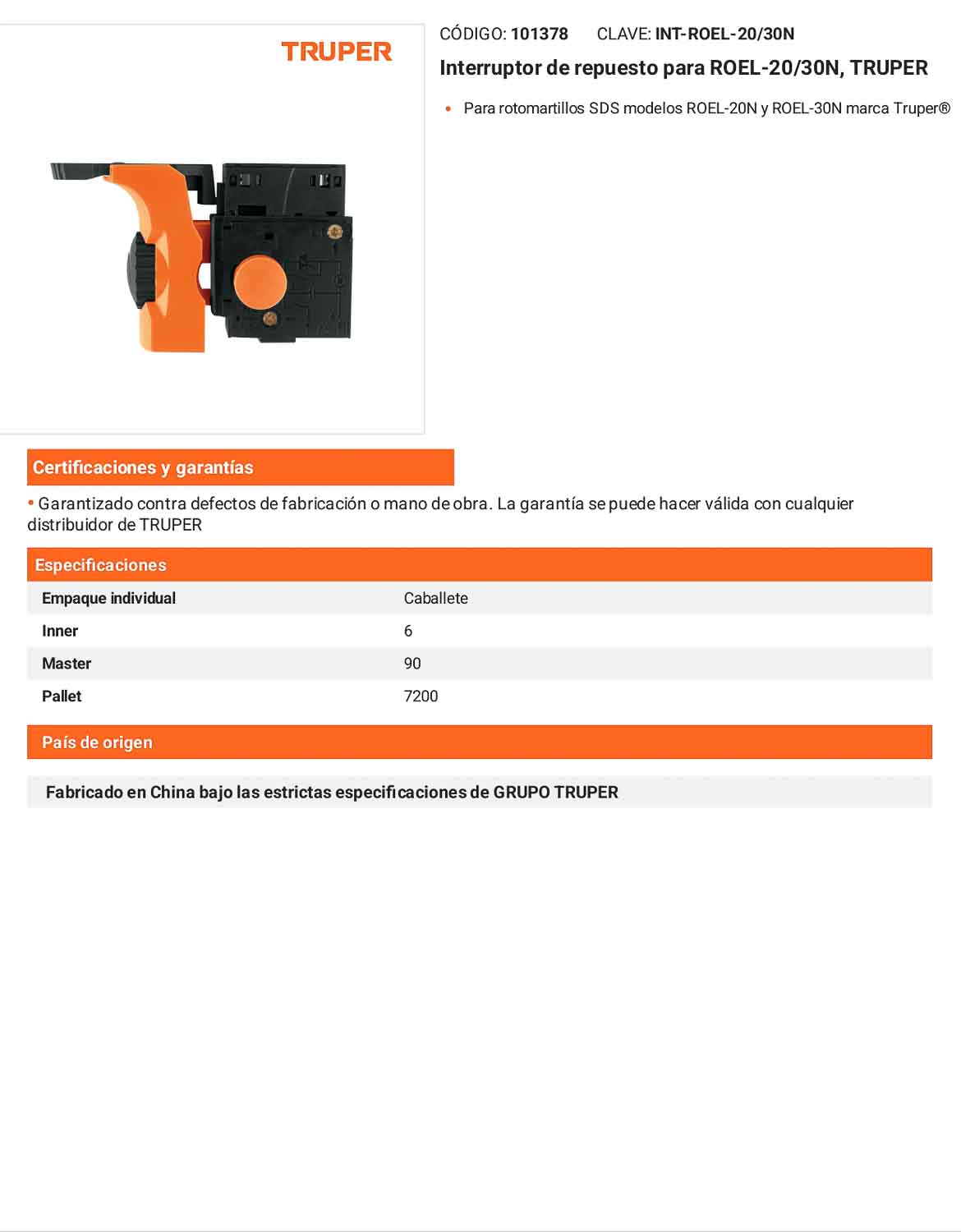 Interruptor de repuesto para ROEL-20/30N TRUPER